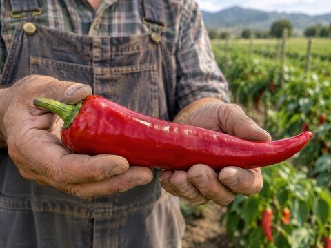 Fresh Harvest: A farmer proudly displays a large, ripe red chili pepper, grown with care in a sun-drenched field, symbolizing the bounty of the land and the reward of hard work.
