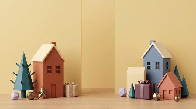Miniature paper houses with christmas gifts and trees on neutral background