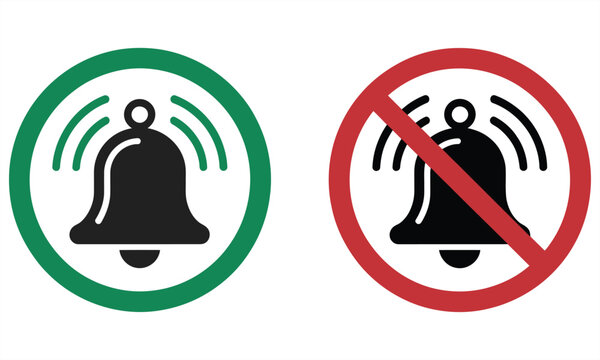 Notification Bell Icons Showing Enabled and Disabled Alert Status with Green Approval and Red Prohibition Symbols.