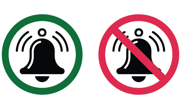 Notification Bell Icons Showing Enabled and Disabled Alert Status with Green Approval and Red Prohibition Symbols.