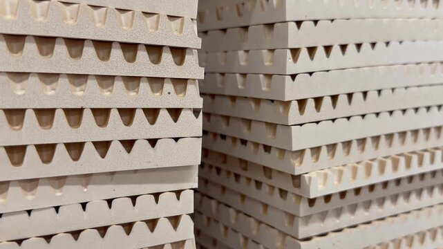 High stack of beige ethylene-vinyl acetate EVA foam sheets inside a factory warehouse. Material for manufacturing custom car floor mats, industrial protective packaging sheets background.
