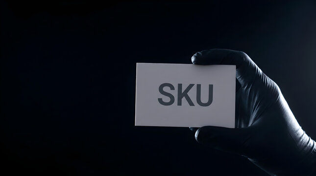 Gloves holding sign with sku code in dim lighting