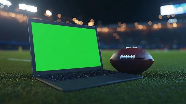American football and laptop with green screen on stadium turf for sports broadcasting