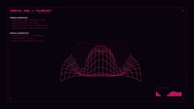 3d orbital telemetry data visualization with terrain mesh animating dynamically on dark background.