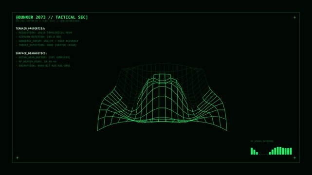 Holographic 3d terrain map projection animation with data overlay futuristic interface.
