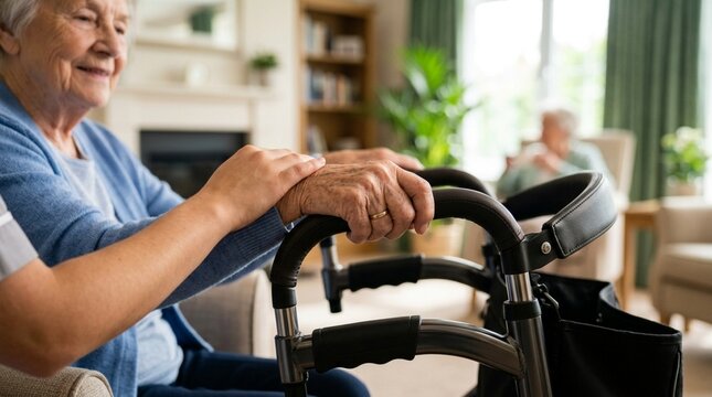 Elderly woman with walker, caregiver's hand, senior care, assisted living