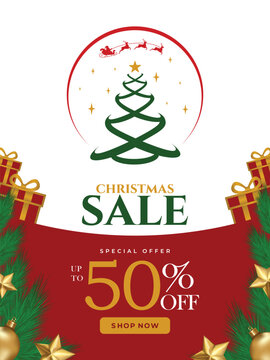 Festive Christmas Sale promotional poster design with an elegant stylized green Xmas tree, golden stars, red gift boxes, pine branches, and a special offer discount banner for shopping.