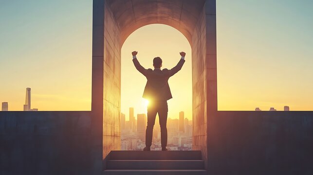 Successful businessman standing in doorway with arms raised overlooking a vibrant cityscape at sunrise symbolizing achievement
