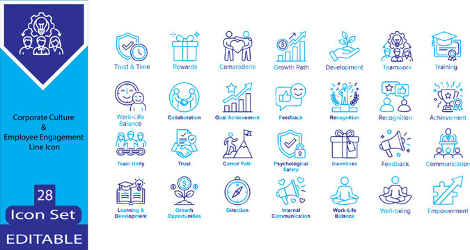 Corporate Culture & Employee Engagement Line Icon Set