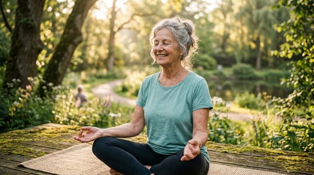 Senior woman meditating in nature, yoga outdoors, peaceful park setting, sunny day.