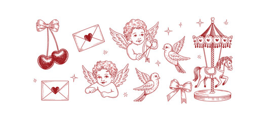 Fototapeta premium A collection of hand drawn cherubs cherries love letters and a carousel horse in a vintage style cherub cupid letter envelope heart birds doodle