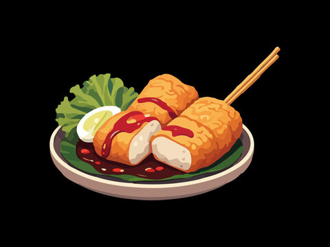 Fried fish cake skewers with spicy sauce on a plate