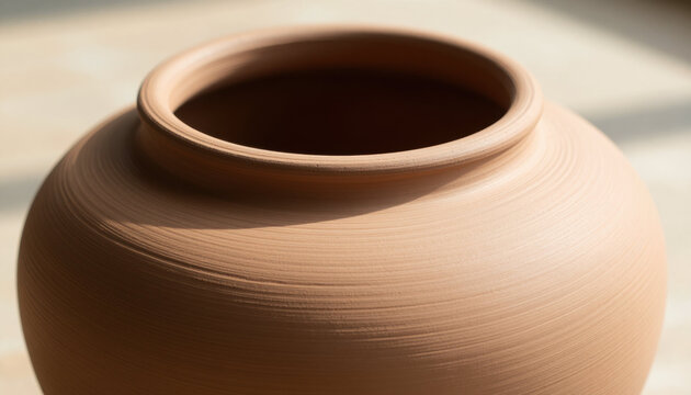 Terracotta pot with smooth round surface in warm light
