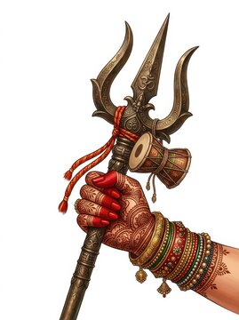 Hand of Hindu Goddess with Henna Holding Lord Shiva's Trishula Trident and Damaru Drum Illustration