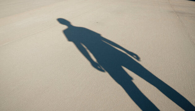 Shadow person silhouette ground sand sunlight low angle perspective long shadow outdoor human figure body leg arm head pavement texture beige blue light dark contrast abstract minimal solitary