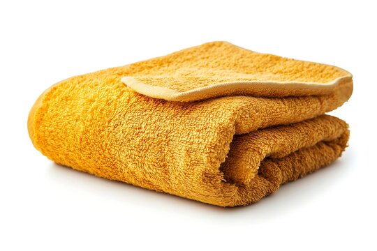 Folded golden yellow bath towels isolated on white luxury spa textile for bathroom decor and hygiene concepts