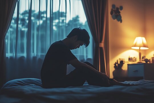 Young man sitting in darkness on bed silhouette against window emotional distress concept