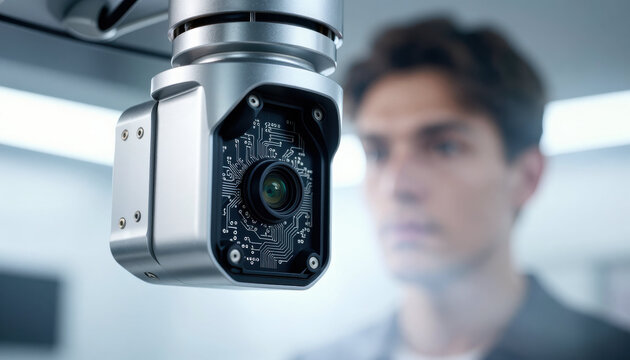 Industrial camera close up surveillance camera security camera lens circuit board metal housing robotic arm technology monitoring industrial equipment machine vision automation factory inspection