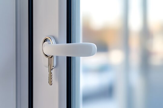 Close up of a white window handle with keys inserted representing security and access to a building