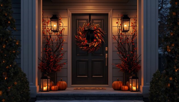 A front door is decorated with a fall wreath and pumpkins, flanked by lanterns and autumnal branches.