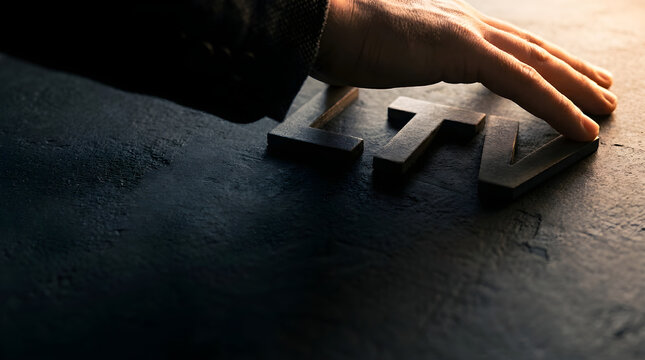 Hand pressing wooden block with lettering on dark surface