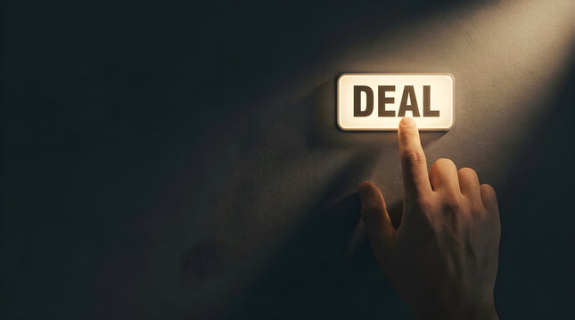 Finger pressing illuminated deal button on dark wall