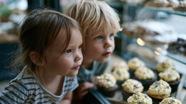 Children press noses against the glass of a neighborhood bakery filled with red-white-blue frosted cupcakes, their wide eyes reflected in the warm display case glow, perfect for