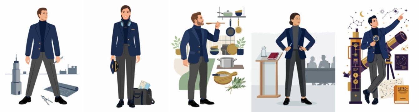 A collection of flat character illustrations showcasing diverse career and lifestyle paths including an architect, executive, chef, lecturer, and astronomer.