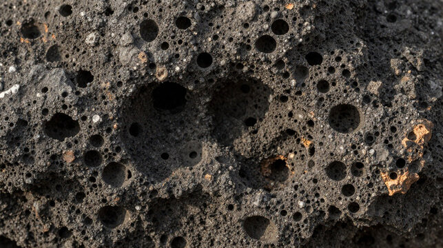Close Up Texture of Porous Volcanic Lava Rock with Vesicles, Dark Basalt Stone Surface Background for Natural Geology and Design Concept
