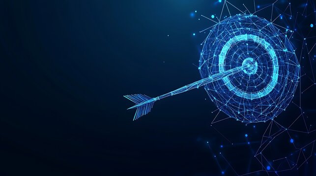 Precision targeting concept with a blue arrow piercing a polygonal bullseye on a dark gradient background
