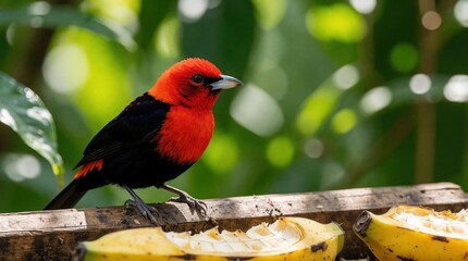 Fototapeta premium Scarlet-rumped tanager perches on wood near bananas. This wild bird with bright red plumage and black body sits outdoors. Green foliage and light create a natural habitat background.