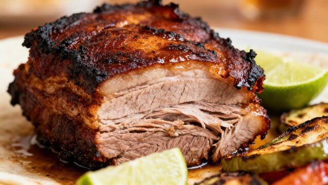 Cuban lech&oacute;n asado, a whole roasted pork with crispy skin and citrus-mojo marinade, served with rice, black beans, and fried plantains, on a large wooden board, representing the centerpiece of Cuban c