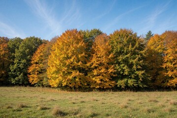 Fototapeta premium Autumn forest landscape with colorful trees under blue sky. Yellow orange, green foliage covers woodland edge near grassy meadow. Sunlight shines on deciduous trees in rural countryside during bright