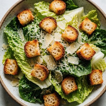 Fresh green caesar salad with crunchy croutons and shaved parmesan cheese in bowl. Tasty healthy lunch with crisp romaine lettuce. Delicious appetiser for dinner.