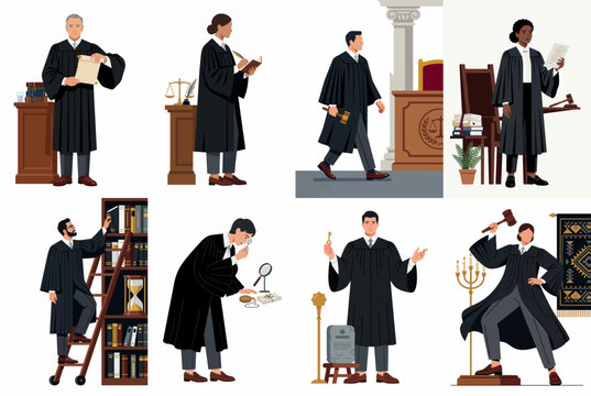 Flat vector illustration set of diverse male and female judges in black robes performing various legal and courtroom duties.