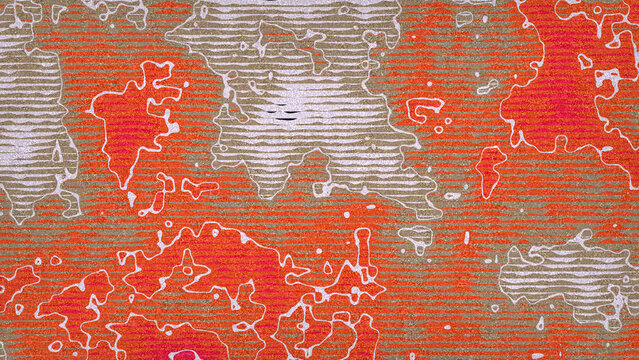 Abstract camouflage pattern with organic shapes in vibrant orange and muted beige, textured background