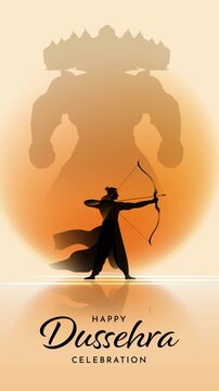 Dussehra Festival Animated Greeting Video Featuring Lord Rama and Ravana Silhouettes with Glowing Orange Background and Traditional Indian Celebration Design