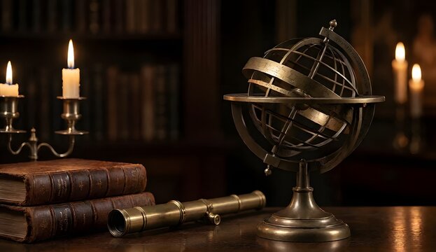 brass armillary sphere and brass spyglass telescope beside leather books lit by candlelight in dark vintage library