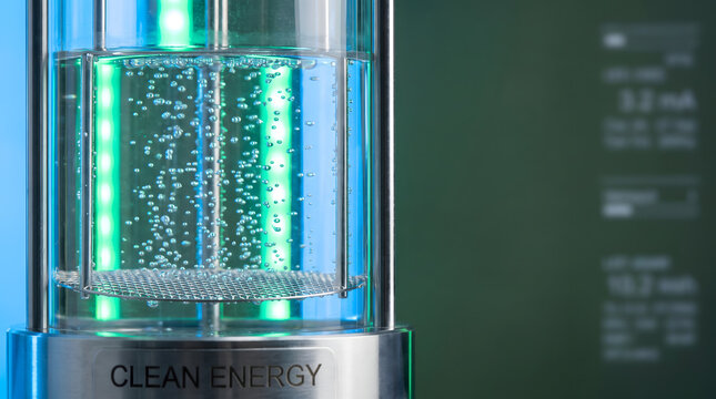 high tech water electrolysis glass cylinder with hydrogen bubbles and clean energy label