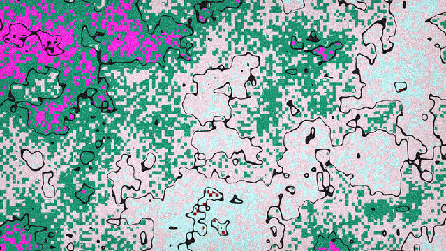 Abstract digital pattern with pixelated green and pink shapes, outlined by irregular black contours on a textured light background