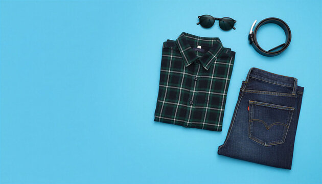 Flat lay of mens casual clothing with sunglasses and belt