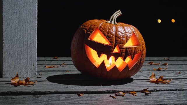 Glowing jack o lantern with a spooky carved face sitting on a wooden porch at night