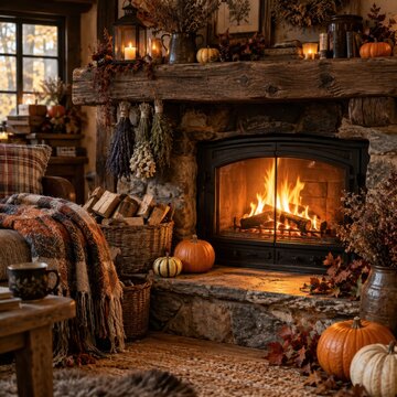 Cozy autumn fireplace with pumpkins and warm blanket, inviting rustic ambiance