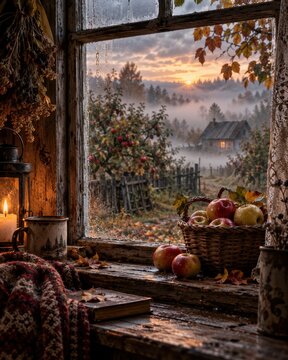 Cozy autumn window view with a basket of apples and a candle