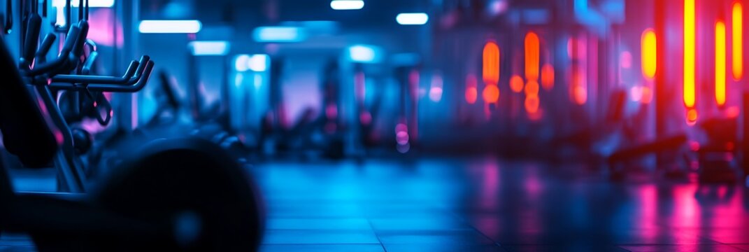 Modern gym interior with blurred exercise equipment and neon lighting fitness center atmosphere