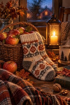 Cozy autumn scene with knitted socks, apples in a basket, a lit candle, and a mug of hot drink by a rainy window