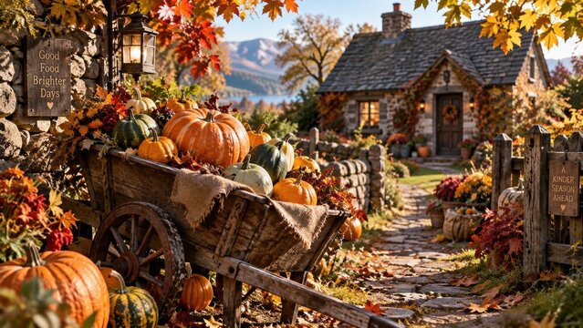 Autumn harvest in a rustic village, pumpkins piled high in a wooden cart