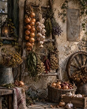 Rustic outdoor still life with hanging dried herbs, onions, garlic, and produce basket