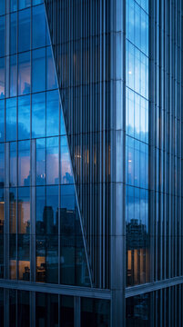Faceted blue glass facade forms a sharp geometric abstract office building pattern