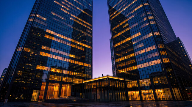 Twin office towers rise above a glass plaza bridge in a downtown financial district